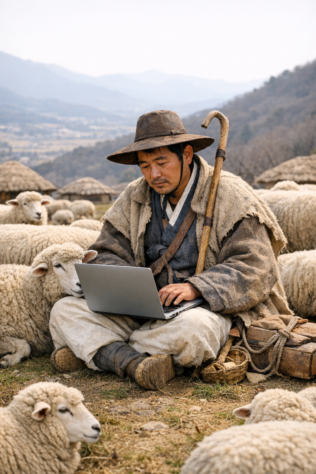 shepherd waiting around with his sheep looking at his laptop  a mix of the old world sheepherding with the out of place computer to create humor make-2-1